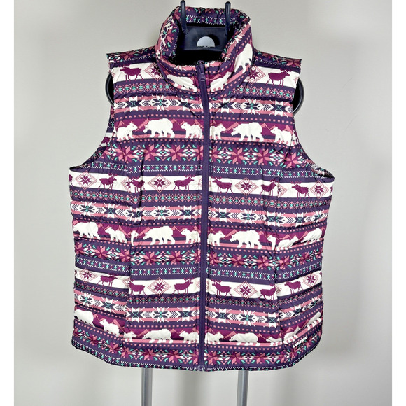 Lands End Pink Puffer Vest Nordic Fair Isle Polar Bear Reindeer Women's Size L - Picture 1 of 8